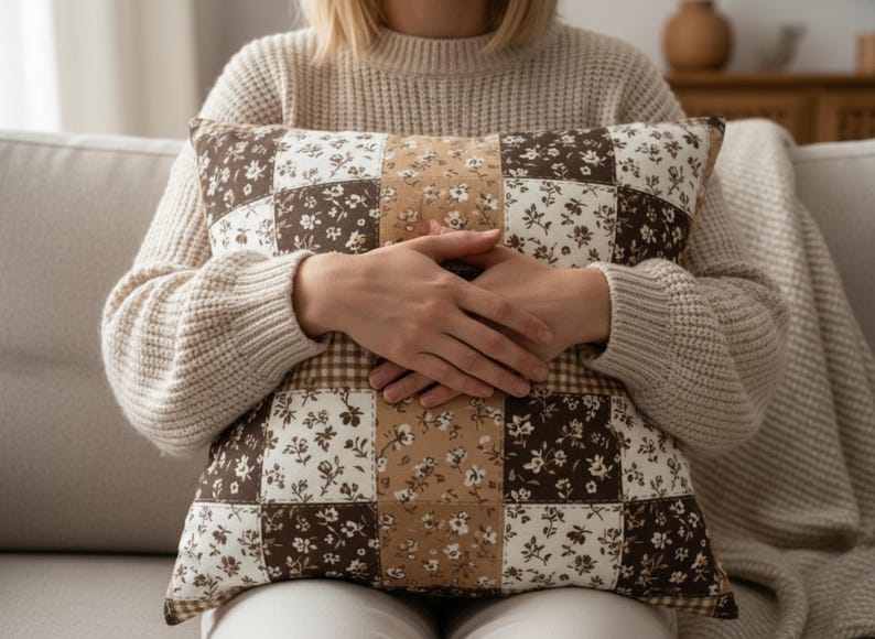 Warm mocha patchwork throw pillow cover showcasing a mix of floral and gingham squares in chocolate brown, latte beige, and soft cream. High-resolution product photo ideal for cozy decor lovers, hygge spaces, and mocha-toned interiors. Perfect as a living room pillow, bedroom accent, or dorm decor upgrade.