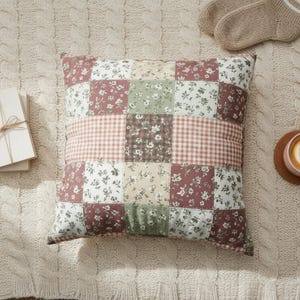 Pink Patchwork Throw Pillow | Cottagecore Floral Gingham Cushion | Checkered Pillow Cover | Cozy Girly Sofa Decor