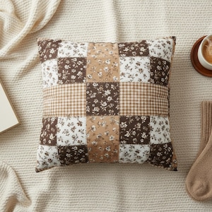 Mocha Floral Gingham Pillow Cover, Brown Checkered Pillow, Coffee Colored Cushion, Cozy 20x20 Pillowcase Decor | Patchwork-Inspired Design