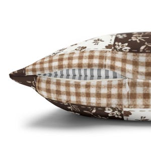 Mocha Floral Gingham Pillow Cover, Brown Checkered Pillow, Coffee Colored Cushion, Cozy 20x20 Pillowcase Decor | Patchwork-Inspired Design image 11
