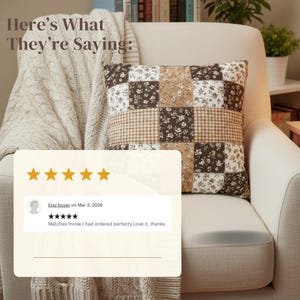 Mocha Floral Gingham Pillow Cover, Brown Checkered Pillow, Coffee Colored Cushion, Cozy 20x20 Pillowcase Decor | Patchwork-Inspired Design image 3