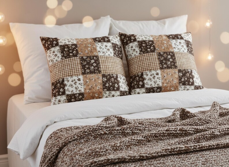 Neutral mocha floral patchwork pillow cover with gingham accents in warm shades of cream, beige, and brown. High-resolution detail focused on the cozy aesthetic design. Great for bedroom styling, living room pillows, autumn decor, and coffee-colored interiors. A must-have for hygge and cozy girl decor enthusiasts.