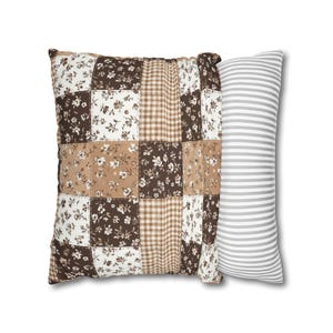 Cozy mocha floral gingham patchwork pillow cover designed in warm neutral tones to elevate hygge-inspired spaces. Detailed squares featuring tiny florals and gingham prints in brown and beige. Perfect accent for living rooms, bedrooms, farmhouse decor, or mocha aesthetic lovers wanting a comforting and stylish pillow.