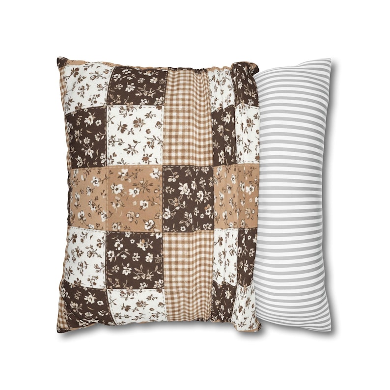 Cozy mocha floral gingham patchwork pillow cover designed in warm neutral tones to elevate hygge-inspired spaces. Detailed squares featuring tiny florals and gingham prints in brown and beige. Perfect accent for living rooms, bedrooms, farmhouse decor, or mocha aesthetic lovers wanting a comforting and stylish pillow.