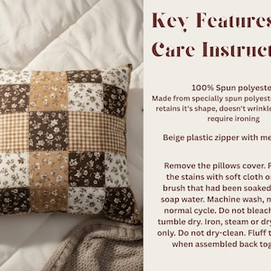Cozy mocha floral gingham pillow cover in a patchwork design with warm neutral browns, creams, and tans. Close-up of the fabric pattern, perfect for coffee-colored home decor, rustic farmhouse spaces, or cozy girl aesthetic rooms. Soft texture and timeless design make this ideal for couches, beds, and thoughtful gift giving.