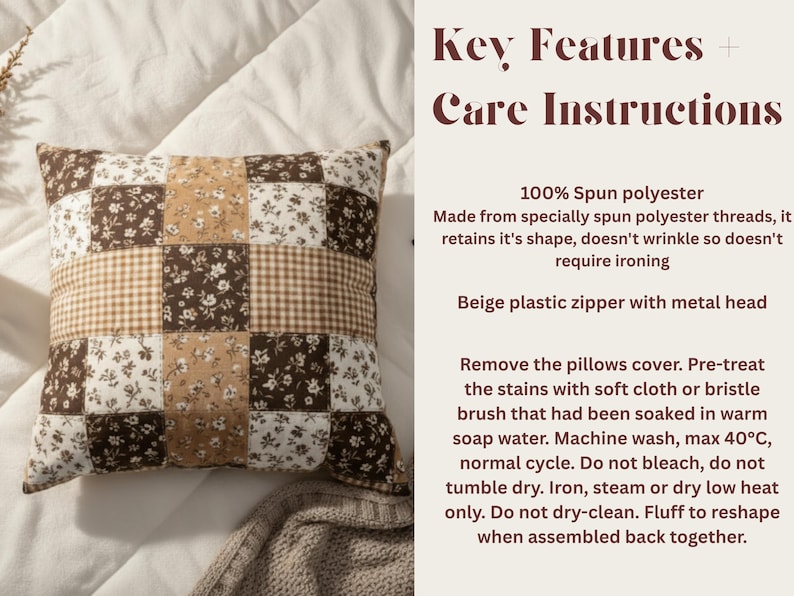Cozy mocha floral gingham pillow cover in a patchwork design with warm neutral browns, creams, and tans. Close-up of the fabric pattern, perfect for coffee-colored home decor, rustic farmhouse spaces, or cozy girl aesthetic rooms. Soft texture and timeless design make this ideal for couches, beds, and thoughtful gift giving.