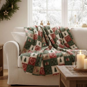 Coperta in velluto di peluche ispirata al patchwork scandinavo, coperta per le vacanze invernali, coperta nordica con fiocco di neve, regalo Hygge, regalo di compleanno