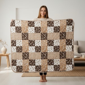 柔らかなモカ色のパッチワーク風シェルパブランケット、ブラウンのスローブランケット、心地よいシェルパスロー、暖かい冬用装飾ブランケット、ギンガムチェックのブランケットギフト