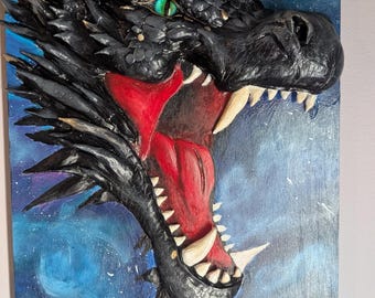 Shadowfire Dragon — 3D Clay Sculpted Canvas • Fantasy Wall Relief • Handmade Textured Artwork