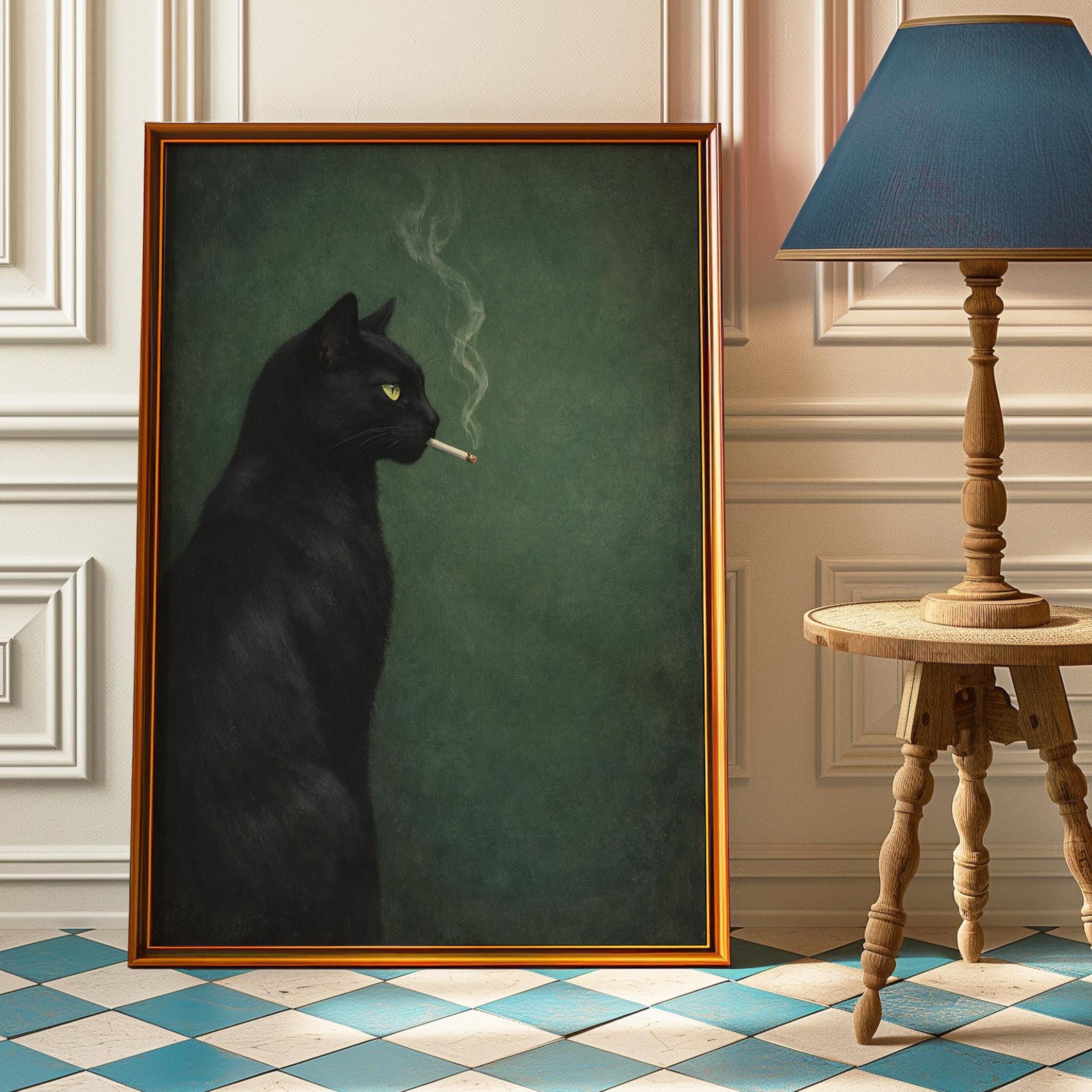cat smoking cigarette poster Moody Black Cat Smoking Poster – Whimsical Cat with Cigarette Wall Art -  Funny Gothic Dark Humor Home Decor