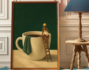 May include: Framed art print featuring a surreal scene of a person in a white swimsuit and yellow swim cap climbing a ladder into a giant coffee cup. A green towel hangs on the cup's edge, set against a dark green backdrop.