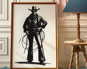 Cowboymuurkunst, moderne cowboyprint, bordeauxrode cowboyprint, moderne westerse lijnkunstprints, op cowboy geïnspireerde muurkunst