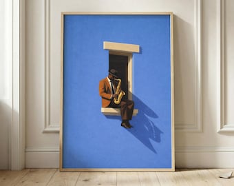 Bold Minimalist Blue Afrocentric Jazz Wall Art, Aesthetic Home Decor Painting, Calm Summer Window Print, Jazz Poster