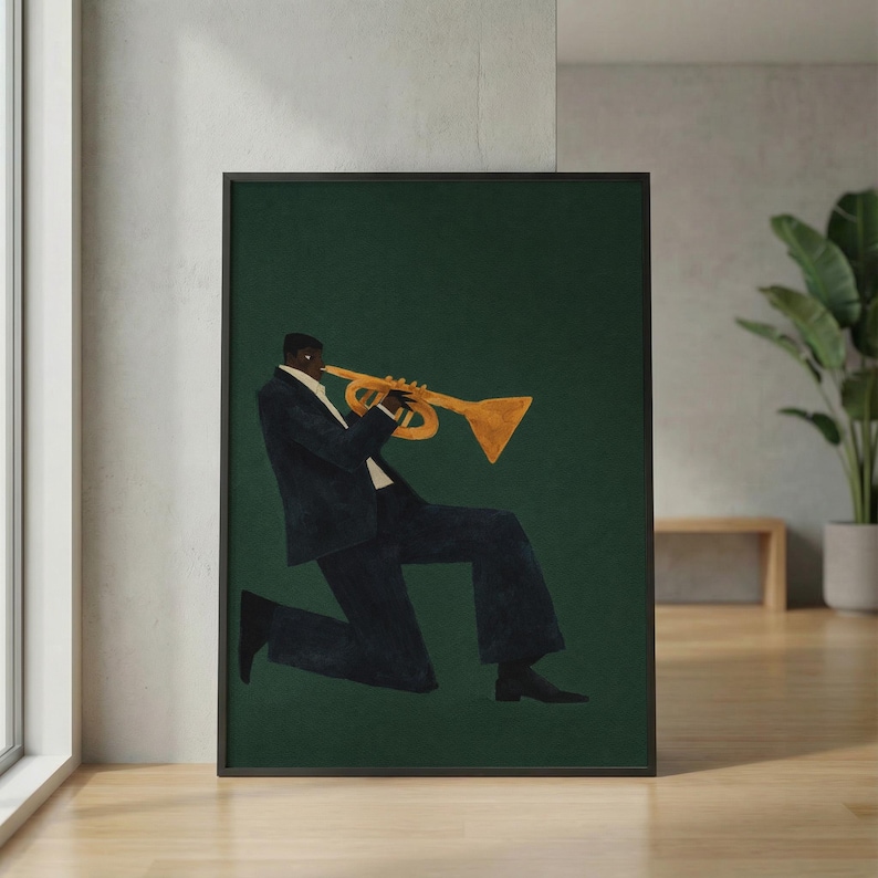 May include: A framed art print depicting a musician playing a gold trumpet. The figure is in a dark suit against a deep green backdrop. The artwork has a modern, illustrative style, suitable for music-themed decor.