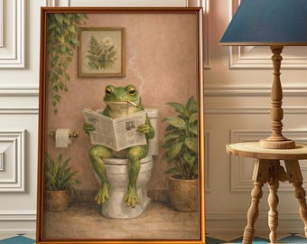 Frog Smoking a Cigarette Light Pink Vintage Poster , Retro Whimsical Print Funny Animal Wall Decor_ Vintage Funny Frog Bathroom Wall Art