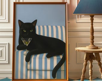 Retro Black Cat Martini Wall Art, Bar Cart Decor, Cocktail Art Bar Decor, Cute Quirky Whimsical