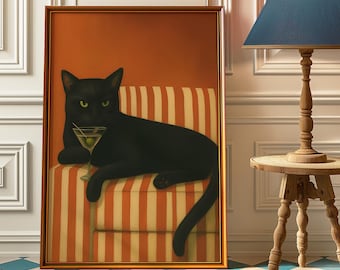 Retro Black Cat Martini Wall Art, Bar Cart Decor, Cocktail Art Bar Decor, Cute Quirky Whimsical