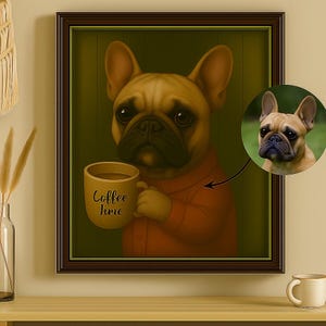 Lustiger Hund trinkt Kaffee - Skurriler Bulldogge Kunstdruck, Lustiges Hunde Wanddekor, Kaffee Poster, Digitaler Download