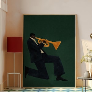 May include: A framed art print depicting a musician playing a trumpet. The illustration shows a figure in a dark suit against a dark green backdrop. The trumpet is gold, and the artwork has a modern aesthetic, suitable for home decor.