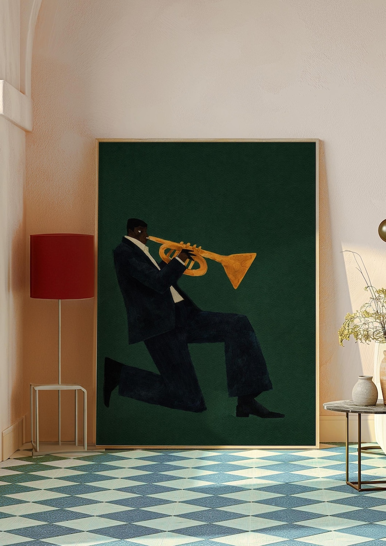 May include: A framed art print depicting a musician playing a trumpet. The illustration shows a figure in a dark suit against a dark green backdrop. The trumpet is gold, and the artwork has a modern aesthetic, suitable for home decor.