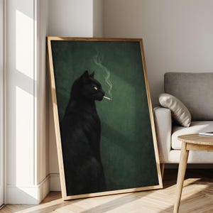 May include: A framed art print featuring a black cat with yellow eyes smoking a cigarette. The cat is set against a dark green background, with a wooden frame. The artwork has a vintage, slightly moody aesthetic.