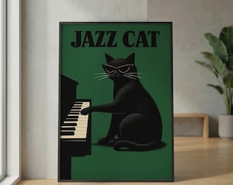 Vintage Jazz Black Cat Wall Art_ Sage Green Cat Music Poster