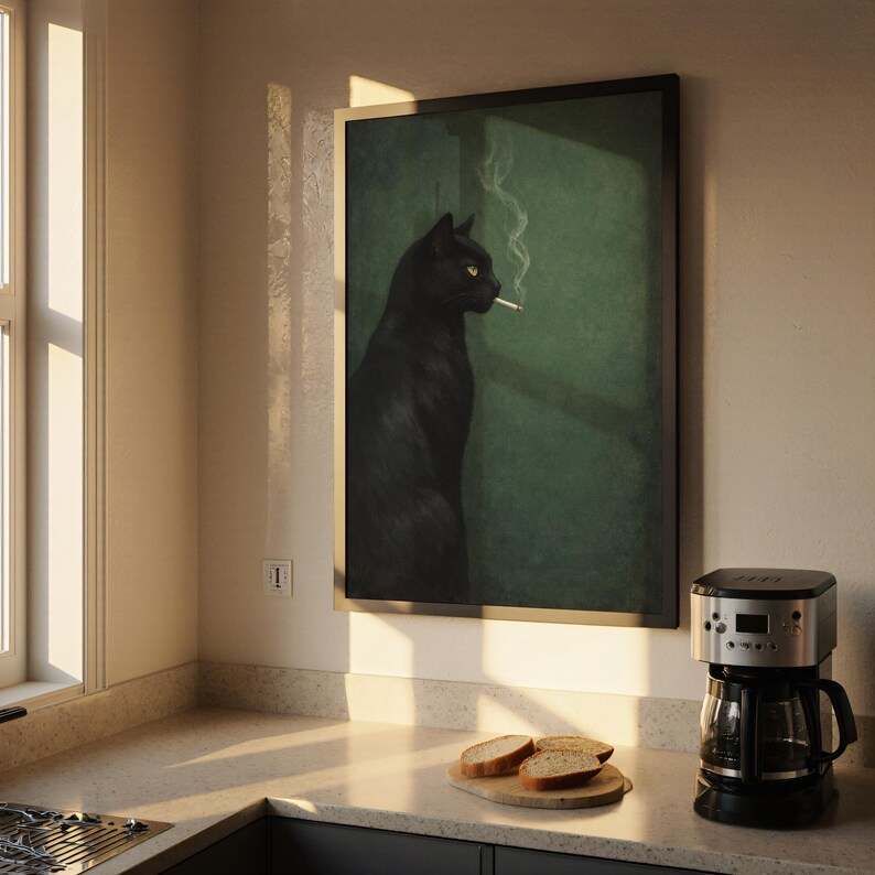 May include: A framed art print depicts a black cat smoking a cigarette against a green backdrop. The cat is in profile, with smoke rising from the cigarette. The print is in a black frame, and the image is displayed in a kitchen setting.