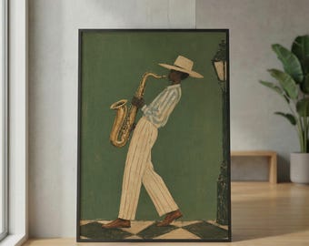Jazz Decor, Green Eclectic Wall Art Saxophone Player Wall Art, Black Musician Poster, Vintage Street Music Art Print, Mid Century Jazz