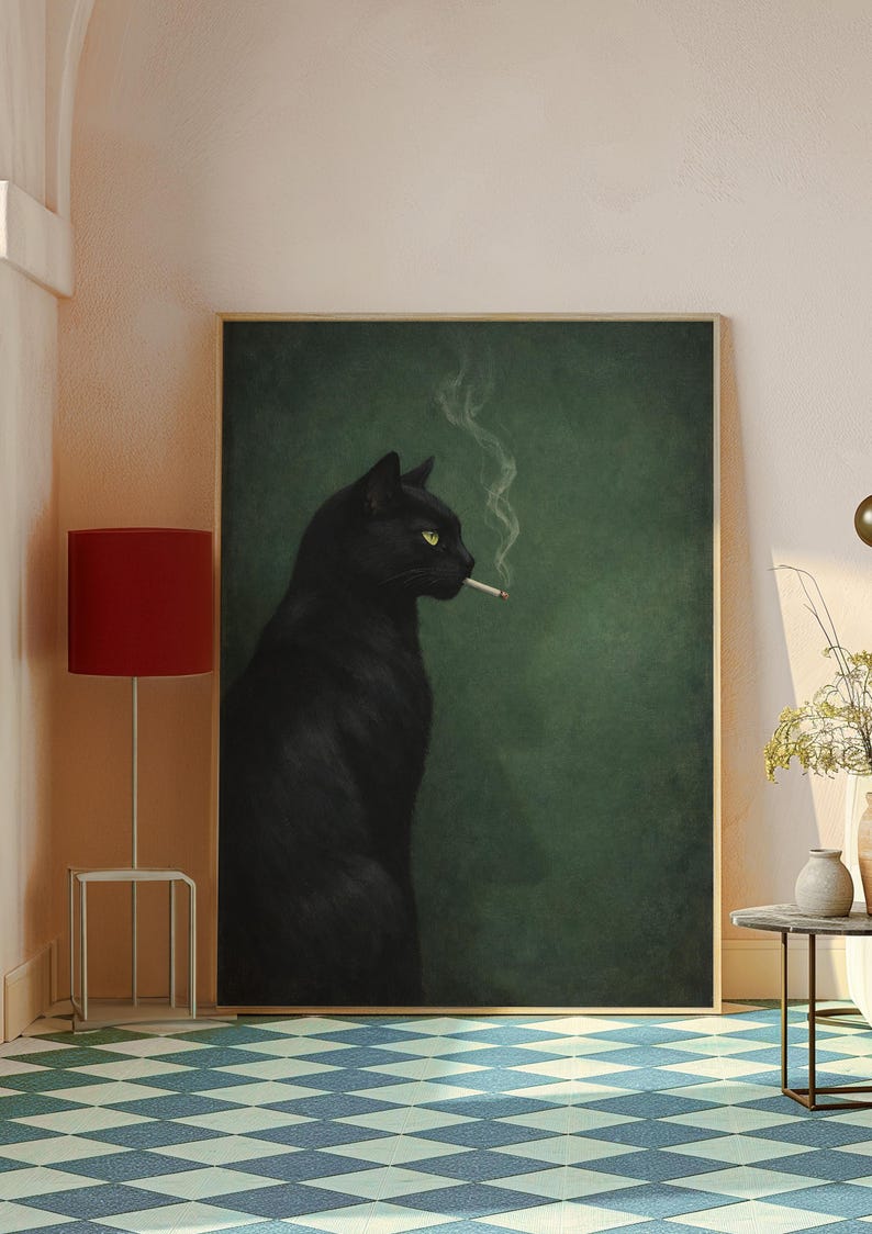 May include: A framed art print featuring a black cat with yellow eyes smoking a cigarette. The cat is set against a dark green background. The artwork is displayed in a room with a red lamp and a patterned floor.