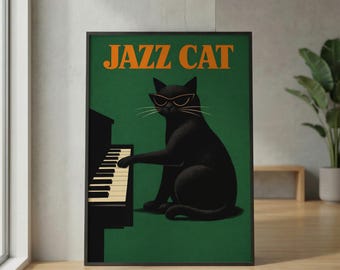 Vintage Jazz Black Cat Wall Art_ Sage Green Cat Music Poster