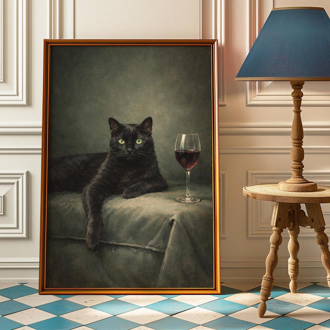 Retro Black Cat Wine Poster – Vintage Style Wall Art - Moody Dark ...