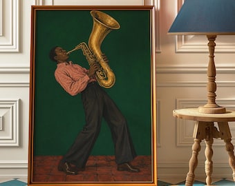 May include: A framed wall art print featuring a musician playing a large brass saxophone against a solid dark green background. The musician wears a pink button-down shirt and black trousers, standing on a dark red tiled floor within the artwork.