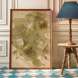 Martini Pool Poster, Tiny Swimmers Cocktail Wall Art, Retro Olive Framed Print