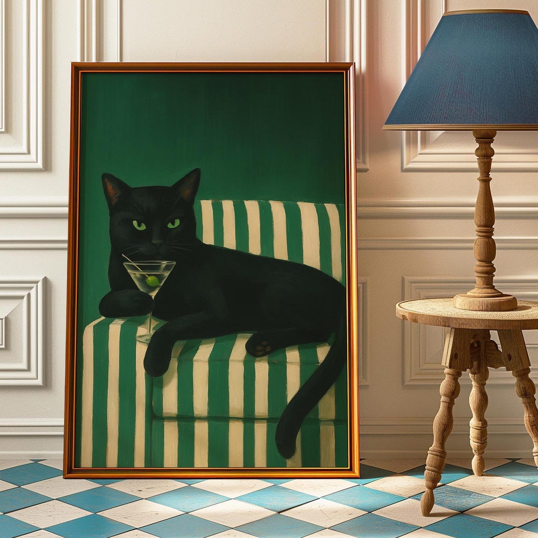Green Retro Black Cat Martini Wall Art, Bar Cart Decor, Cocktail Art ...