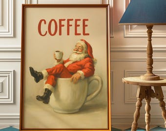 May include: Framed artwork featuring Santa Claus relaxing in a giant coffee cup, holding a mug. The word "COFFEE" is displayed in red block letters above. The image has a vintage, whimsical style.