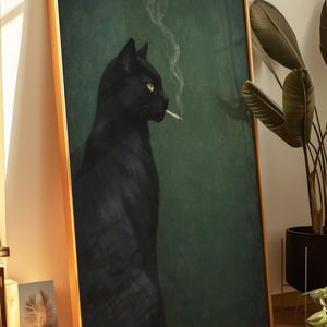 May include: Framed art print featuring a black cat with yellow eyes smoking a cigarette. The cat is set against a dark green background. The artwork is in a gold frame, adding a touch of elegance to the piece.