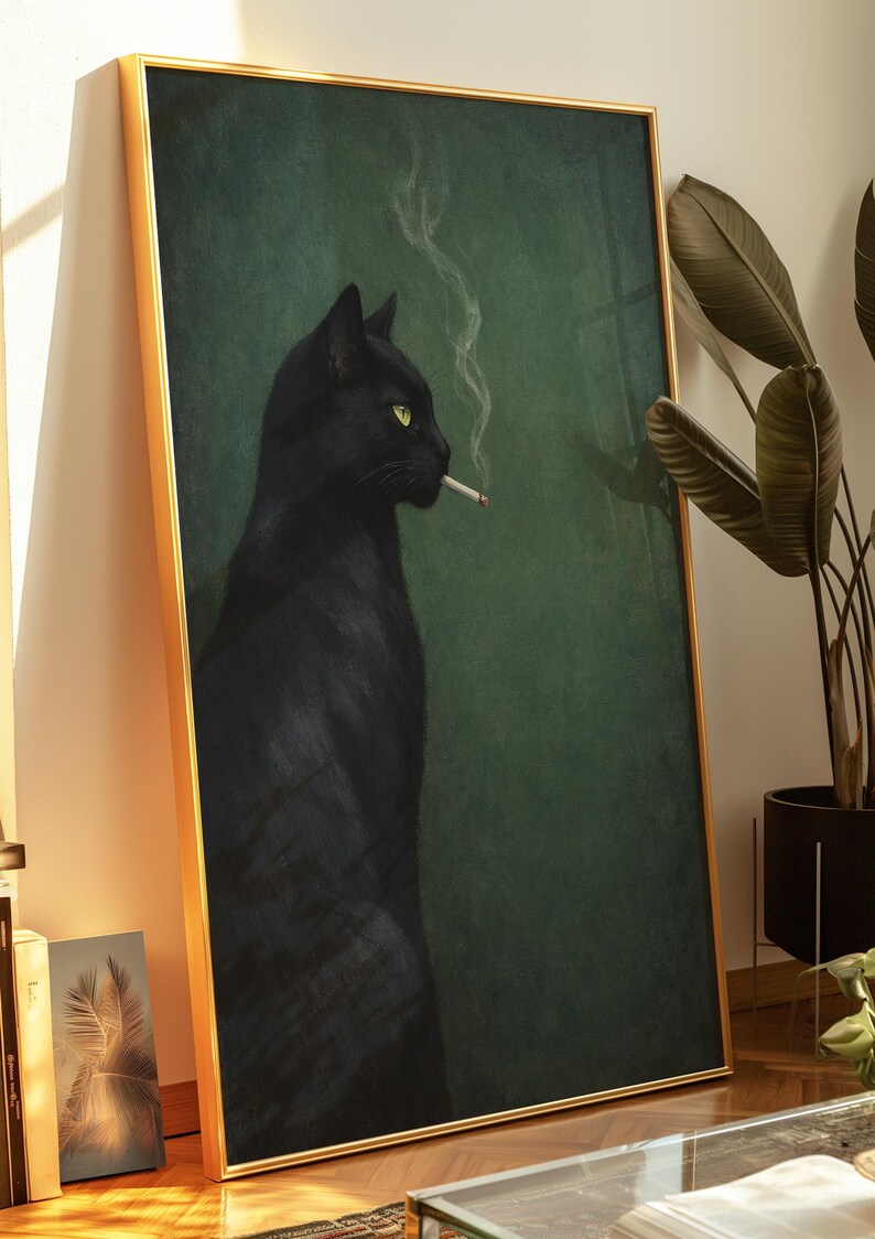 May include: Framed art print featuring a black cat with yellow eyes smoking a cigarette. The cat is set against a dark green background. The artwork is in a gold frame, adding a touch of elegance to the piece.