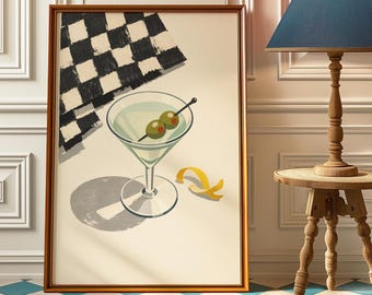 Retro Checkered Martini Poster - Vintage Bar Wall Art with Olives & Checkerboard, Mid-Century Modern Drink Poster, Extra Dirty Martini Print