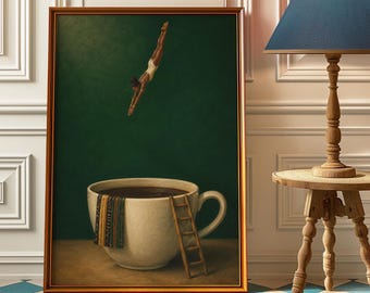 Black Woman Coffee Cup Surreal Wall Art Print