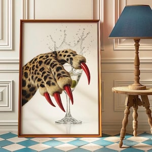 leopard martini wall art, cheetah martini poster, girly wall art, feminism print, bar cart decor, fashion wall art,sexy poster