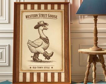 Vintage Silly Western Strut  Goose Wall Art Print- – Funny Western Dancing Duck Poster, Silly Goose Nursery Art, Farmhouse Decor
