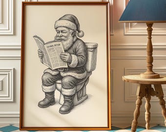 Divertido arte minimalista de pared navideño para el baño con Papá Noel, pintura vintage de Papá Noel, lámina navideña clásica