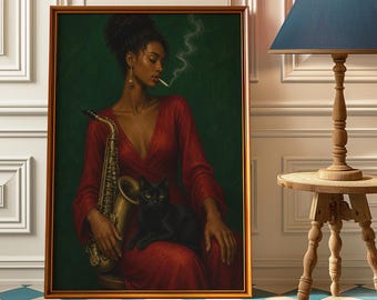 Afrocentrisk väggkonst med vintagejazz, poster med jazzkvinnor, retromusikkonst, väggkonst med svart katt