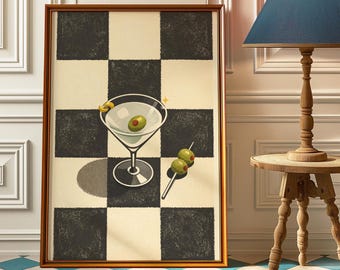Retro Checkered Martini Poster - Vintage Bar Wall Art with Olives & Checkerboard, Mid-Century Modern Drink Poster, Extra Dirty Martini Print