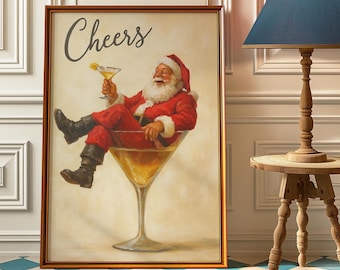 Cheers Santa Claus Poster, Funny Retro Christmas Wall Art, Vintage Holiday Cocktail Print, Christmas Holiday Decor