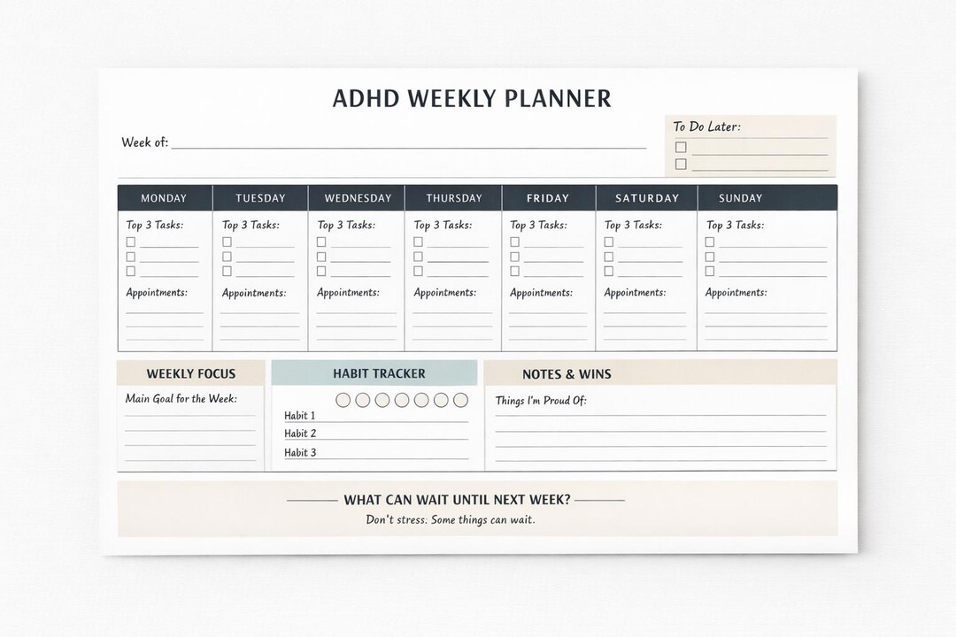 ADHD Weekly Planner | Printable PDF | Focus Sheet for Adults & Teens ...