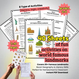 Printable Geography Worksheets, World Landmarks Learning Pack, Educational Worksheets for Kids Homeschool Activities PDF | Instant download