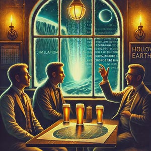 Może przedstawiać: Ilustracja przedstawia trzech mężczyzn w pubie, siedzących przy stole z kuflem piwa. Duże okno ukazuje cyfrowy wodospad i słowo "SIMILATION". Scena jest oświetlona wiszącą lampą.