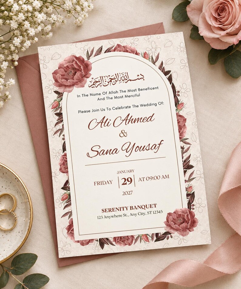 Editable Floral Wedding Invitation Template, Romantic Dusty Rose Canva ...