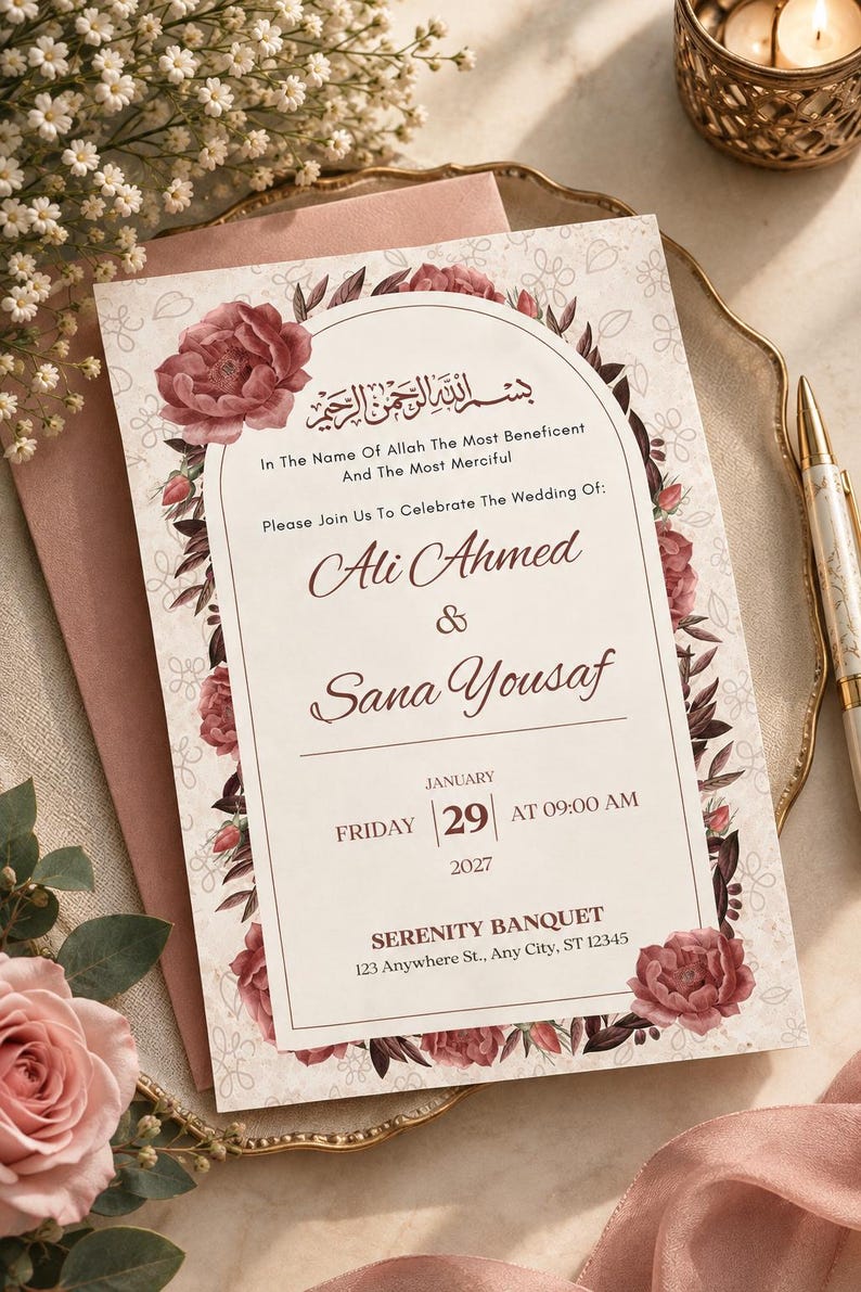 Editable Floral Wedding Invitation Template, Romantic Dusty Rose Canva ...